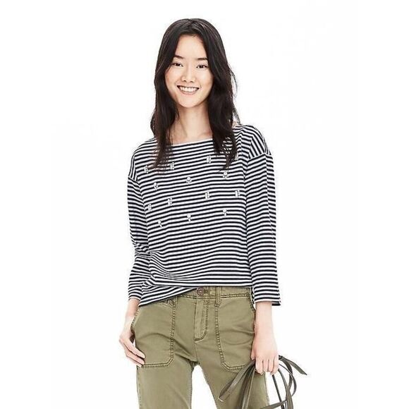 BANANA REPUBLIC Jeweled Rhinestone Stripe Long Sleeve Sz Small Top - Picture 1 of 7